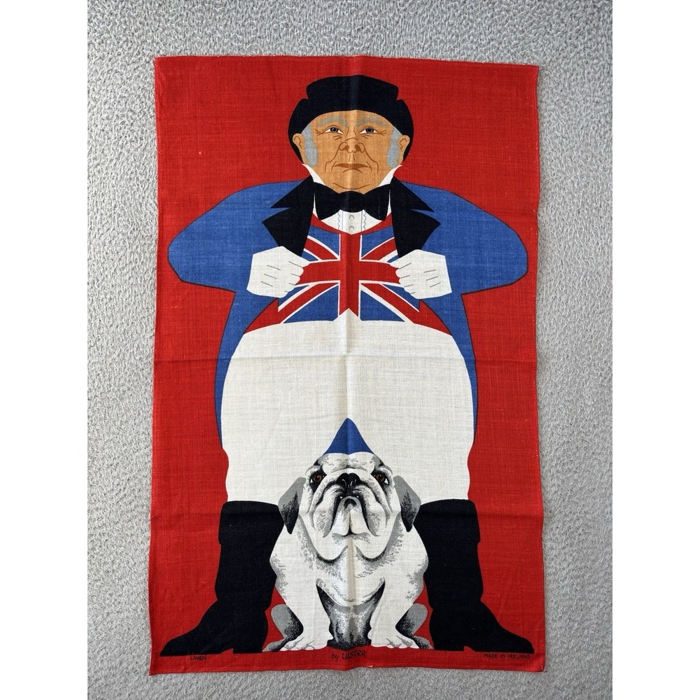 Vintage Ulster Linen Tea Towel John Bull Bulldog Union Jack UK England Vibrant